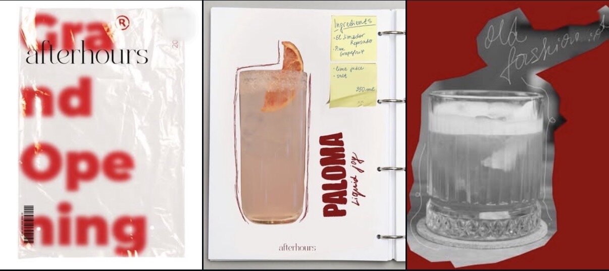 afterhours: Grand Opening poster, Paloma menu page and an Old Fashioned on red