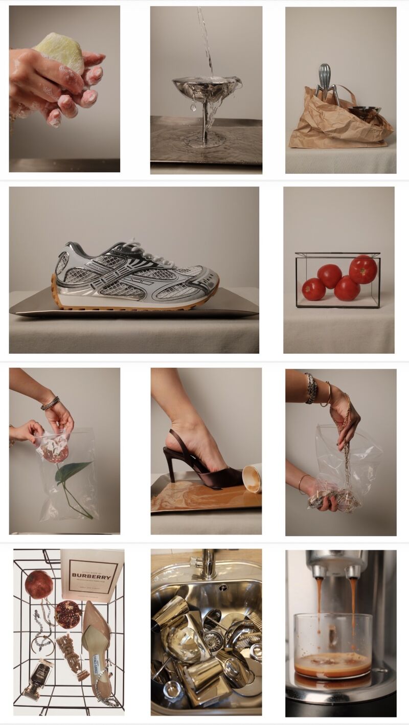 Grid of still lifes: soapy hands, water over a coupe, a juicer in a paper bag, a silver sneaker, tomatoes in a glass box, bags, a heel in spilled coffee, the Burberry basket, a steel sink, espresso